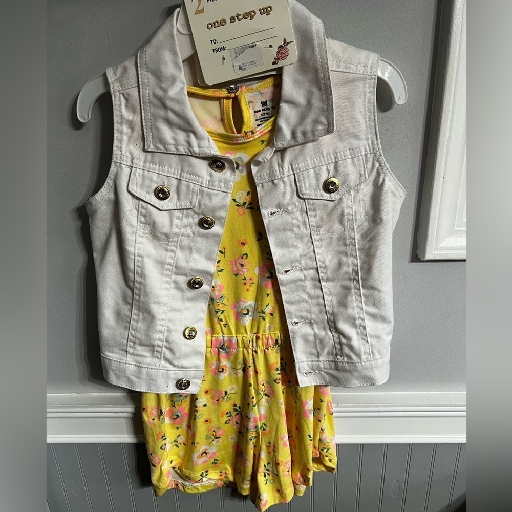 NWT-One Step Up, Little Girls 2 Piece Romper and Denim Vest, Size 7/8 - Picture 1 of 8